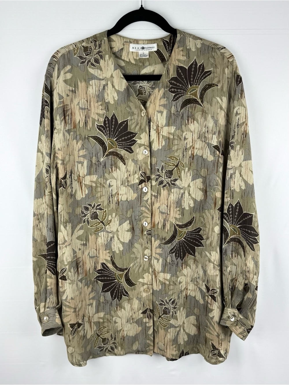 Olive Taupe 100% Silk Floral Button-Down Long Sleeve Tunic Shirt - Earth Tones